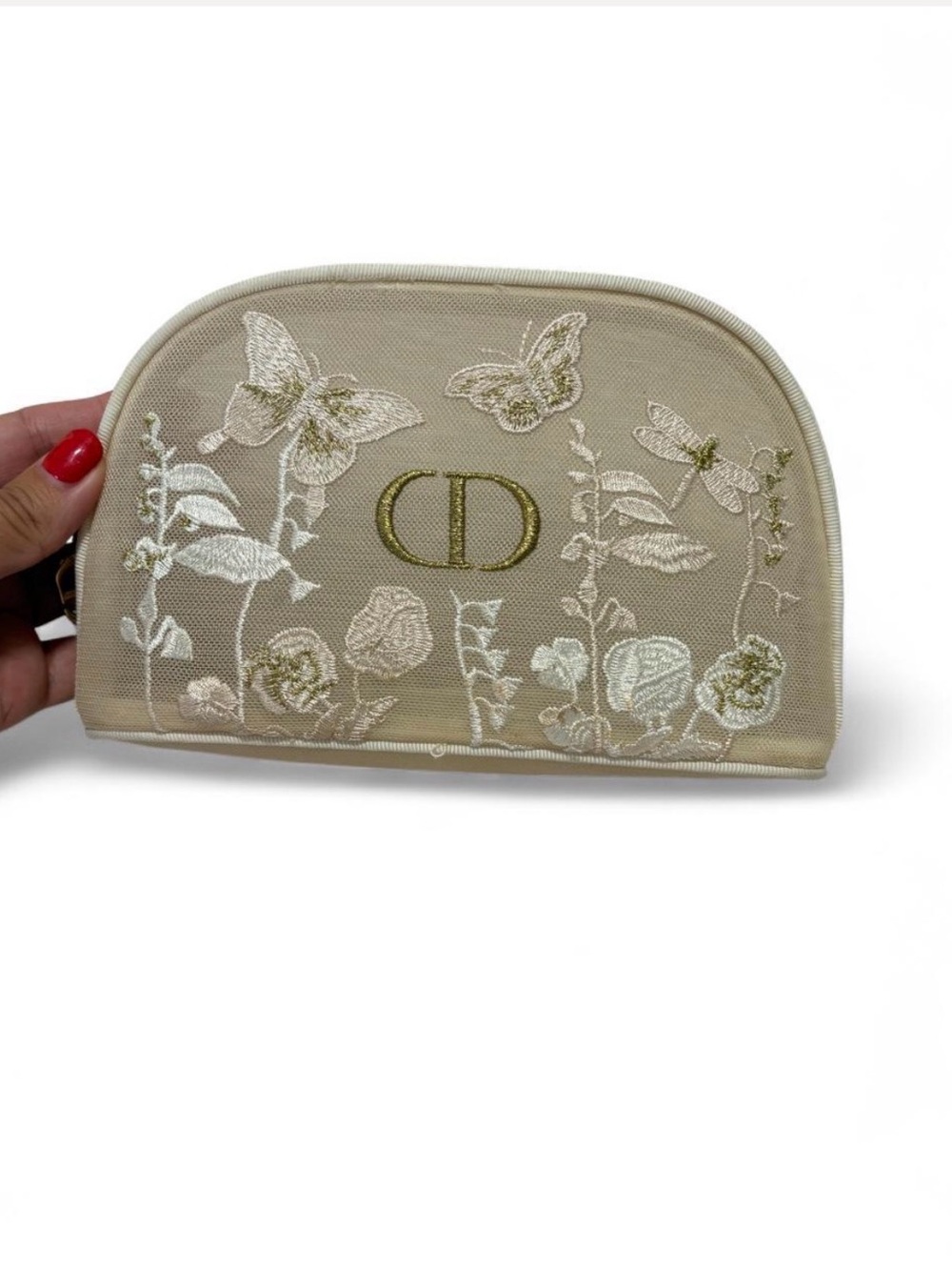 Dior Beige Embroidered Floral & Butterfly Cosmetic Pouch with Gold CD Logo